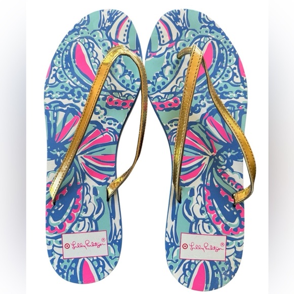 Lilly Pulitzer x Target Flip-Flops Size 10 Gold Strap Bold Print - Picture 1 of 5